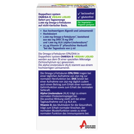Abbildung der Produktverpackung Doppelherz system OMEGA-3 VEGAN LIQUID 2000 Rückansicht